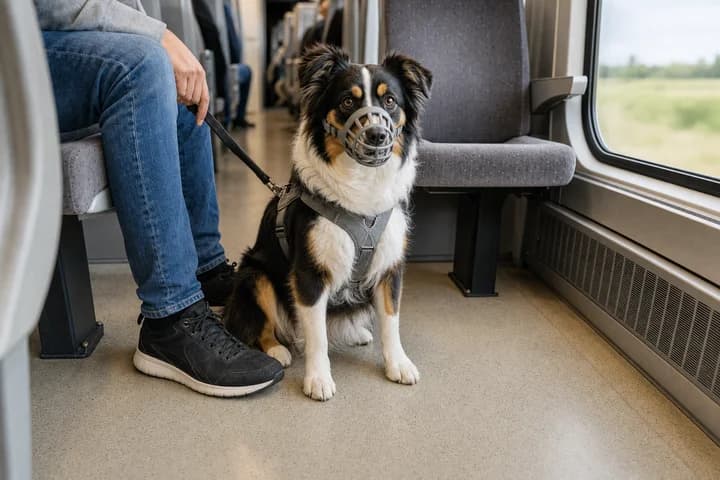 Pies w pociągu i autobusie - bilet, kaganiec i transporter