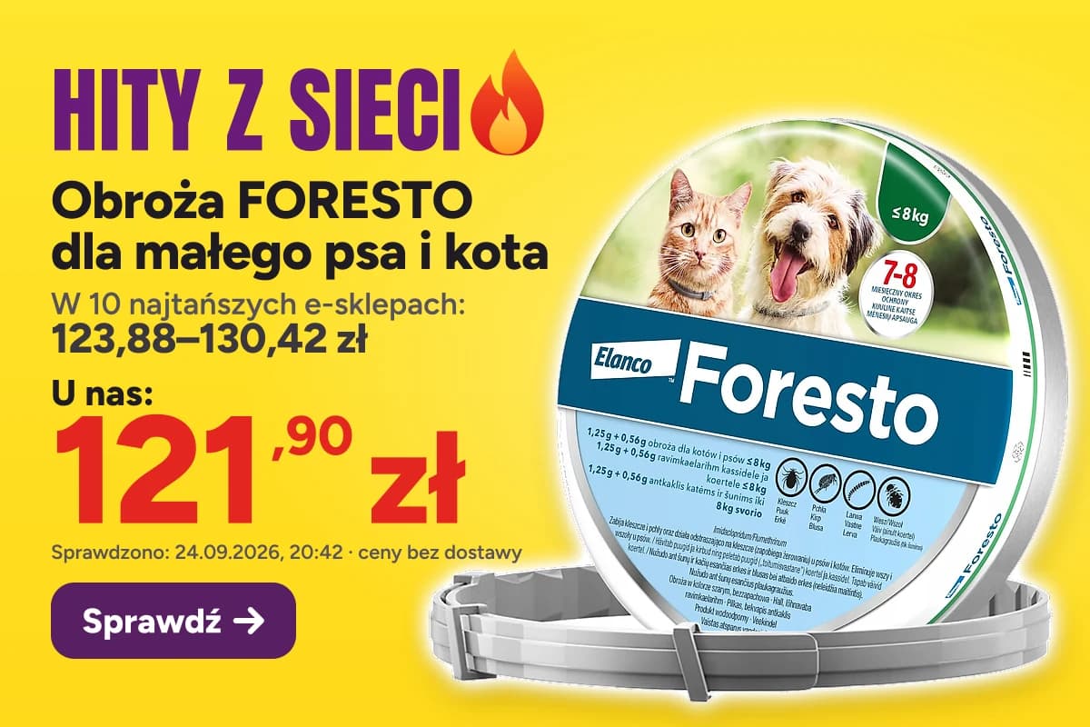 Obroża FORESTO dla małego psa i kota — u nas 121,90 zł, w 10 najtańszych e-sklepach 123,88–130,42 zł (sprawdzono 24.09.2026, 20:42, ceny bez dostawy)