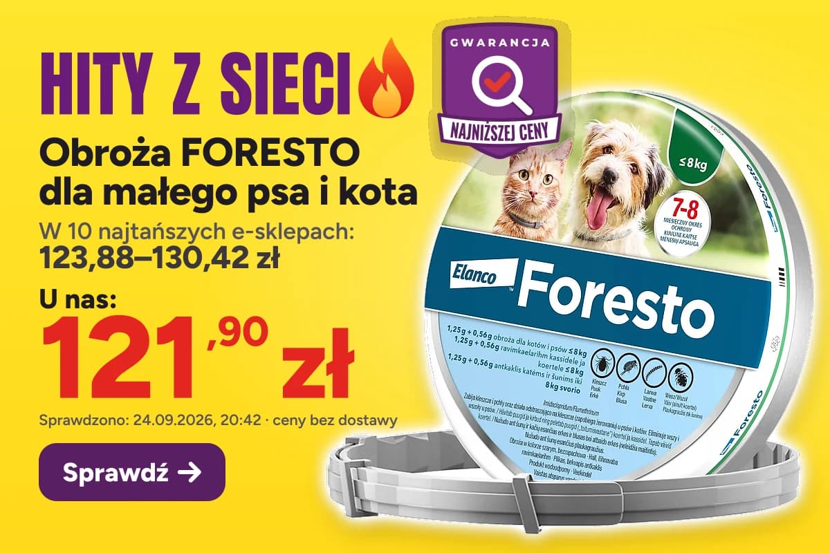 Obroża FORESTO dla małego psa i kota — u nas 121,90 zł, w 10 najtańszych e-sklepach 123,88–130,42 zł (sprawdzono 24.09.2026, 20:42, ceny bez dostawy)