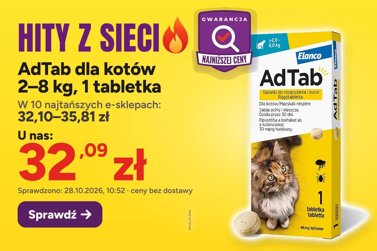 AdTab dla kotów 2–8 kg, 1 tabletka — u nas 32,09 zł, w 10 najtańszych e-sklepach 32,10–35,81 zł (sprawdzono 28.10.2026, 10:52, ceny bez dostawy)