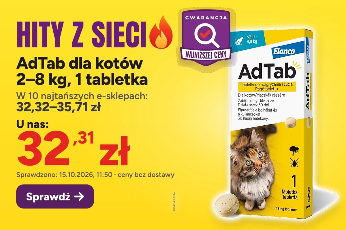 AdTab dla kotów 2–8 kg, 1 tabletka — u nas 32,31 zł, w 10 najtańszych e-sklepach 32,32–35,71 zł (sprawdzono 15.10.2026, 11:50, ceny bez dostawy)