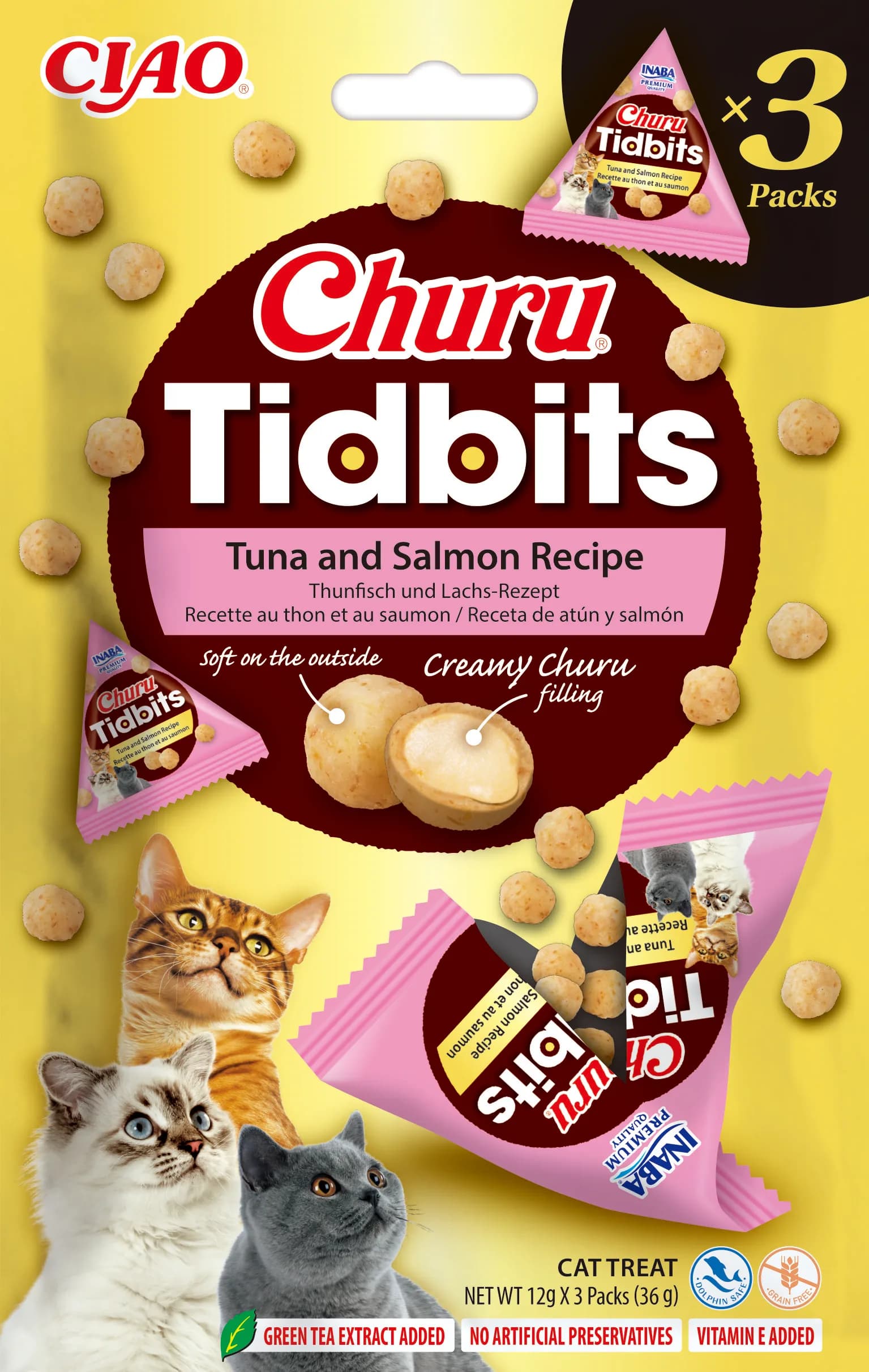 INABA Churu Tidbits 3P Uzupełniająca karma dla kotów formuła z tuńczykiem i łososiem 3 × 12 g