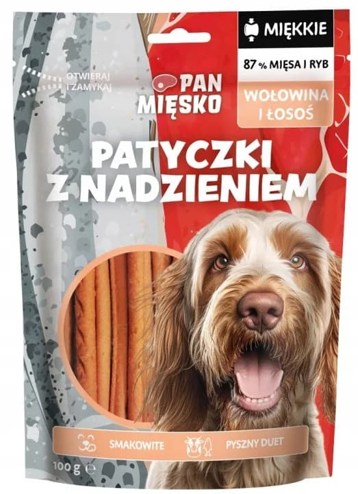 Pan Mięsko przysmak dla psa Patyczki z nadzieniem wołowina i łosoś 100 g