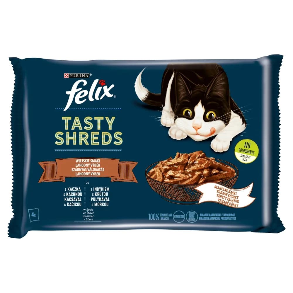 Felix Tasty Shreds Karma dla dorosłych kotów wiejskie smaki w sosie 320 g 4 × 80 g