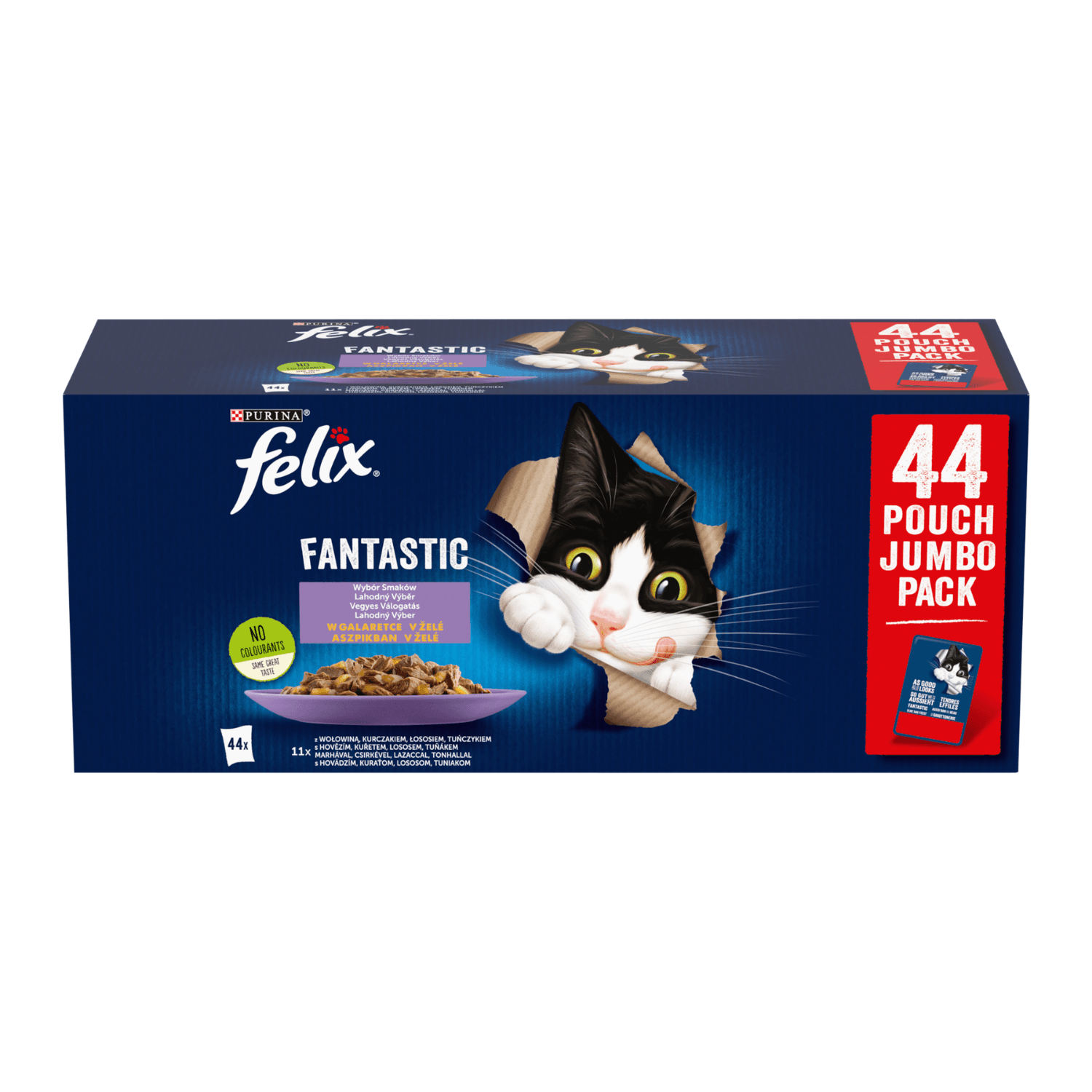 Felix Fantastic Wybór Smaków karma mokra z kurczakiem wołowiną łososiem i tuńczykiem w galaretce dla dorosłych kotów 44 × 85 g