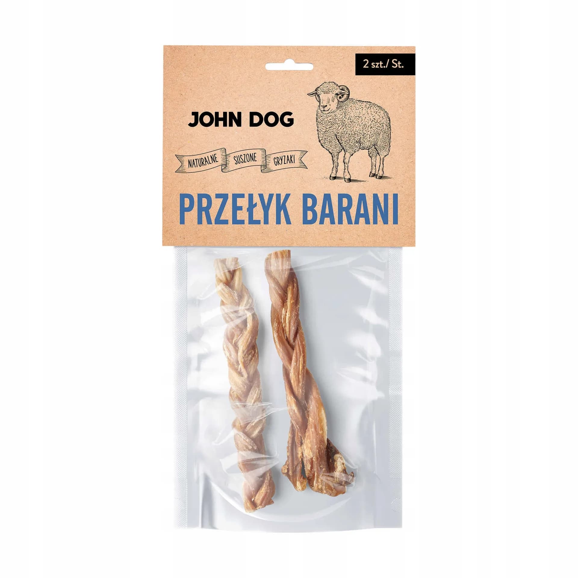 John Dog naturalny suszony gryzak dla psa przełyk barani pleciony 2 szt.