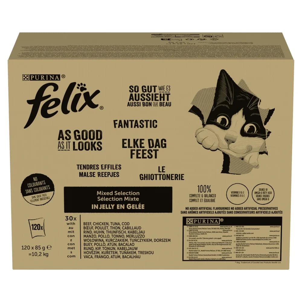 Felix Fantastic karma mokra dla dorosłych kotów wybór smaków w galaretce 120 × 85 g 10 2 kg