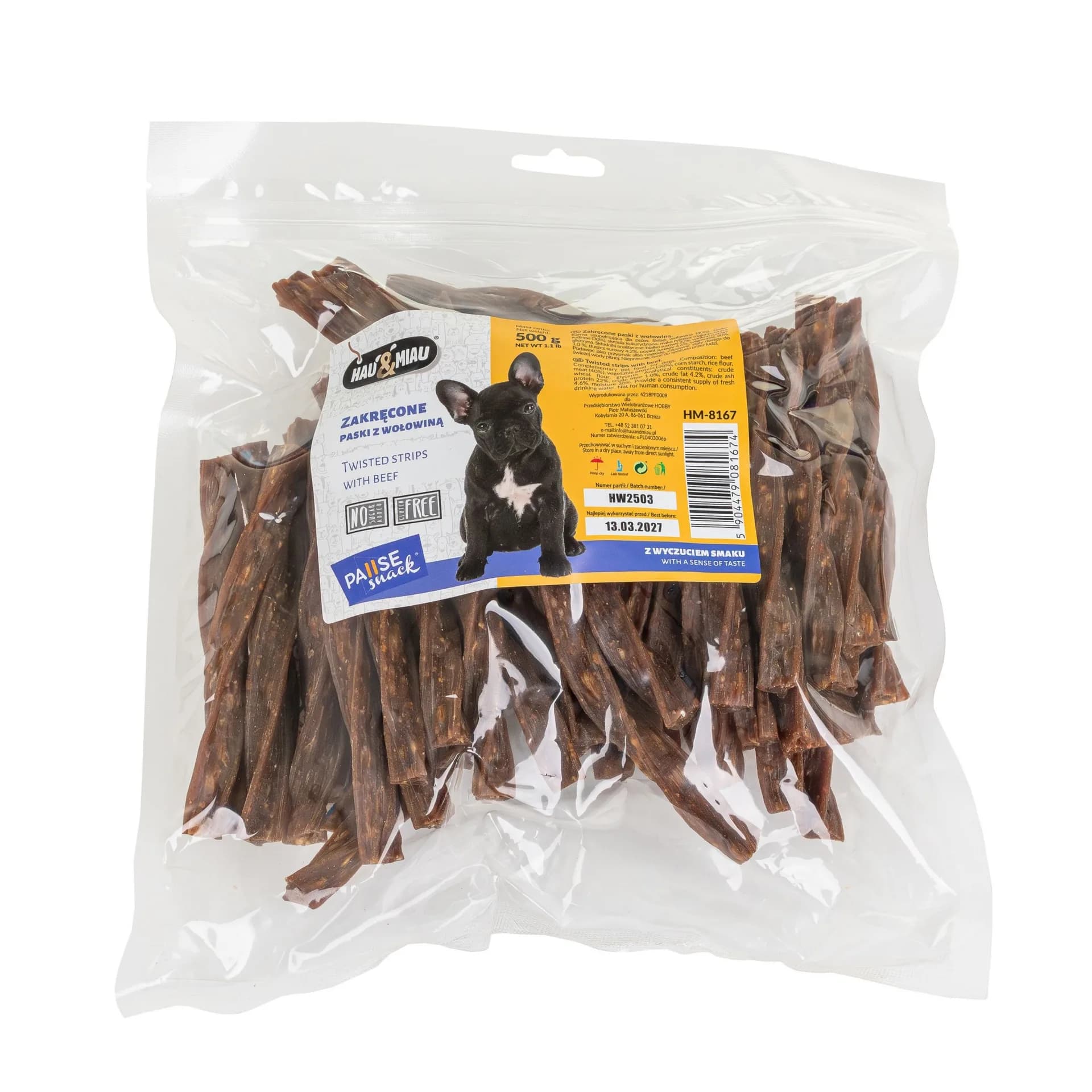 Hau&Miau Pausesnack przysmak dla psa, zakręcone paski z wołowiną 500 g