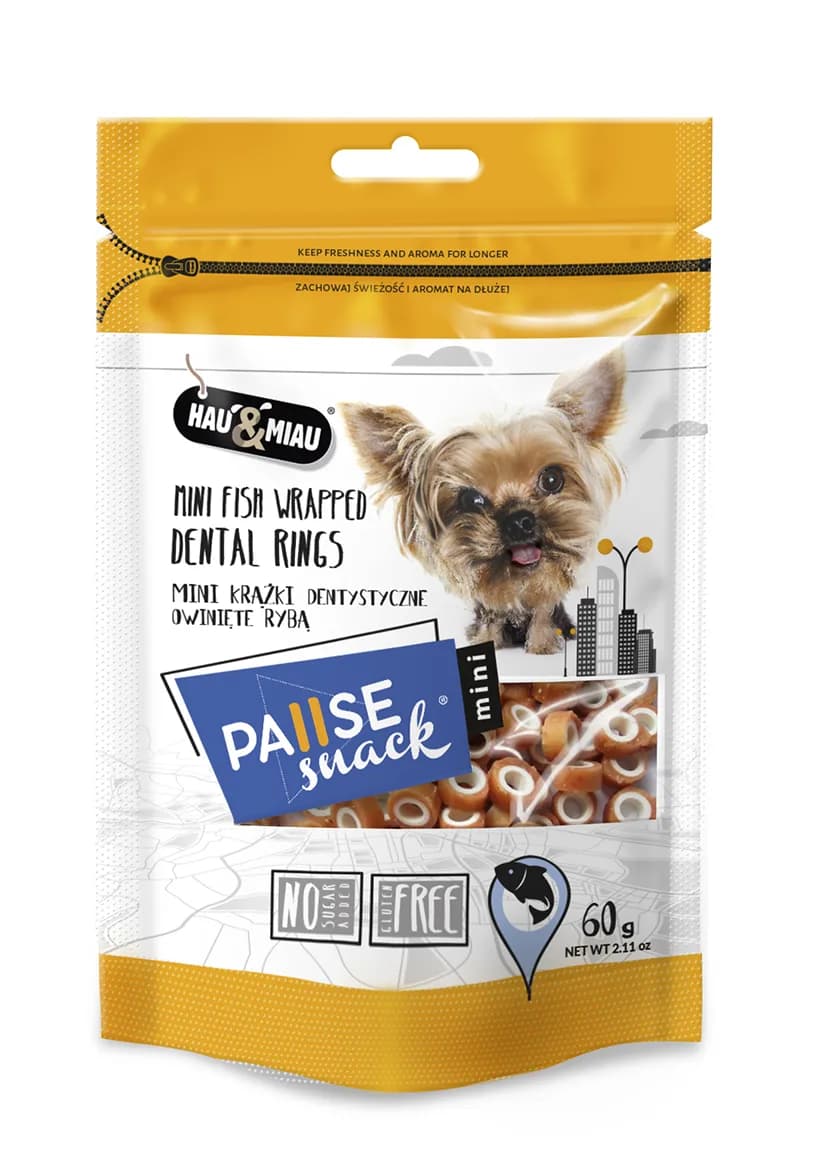 Hau&Miau Pausesnack przysmak dla psów mini krążki dentystyczne owinięte rybą 60 g