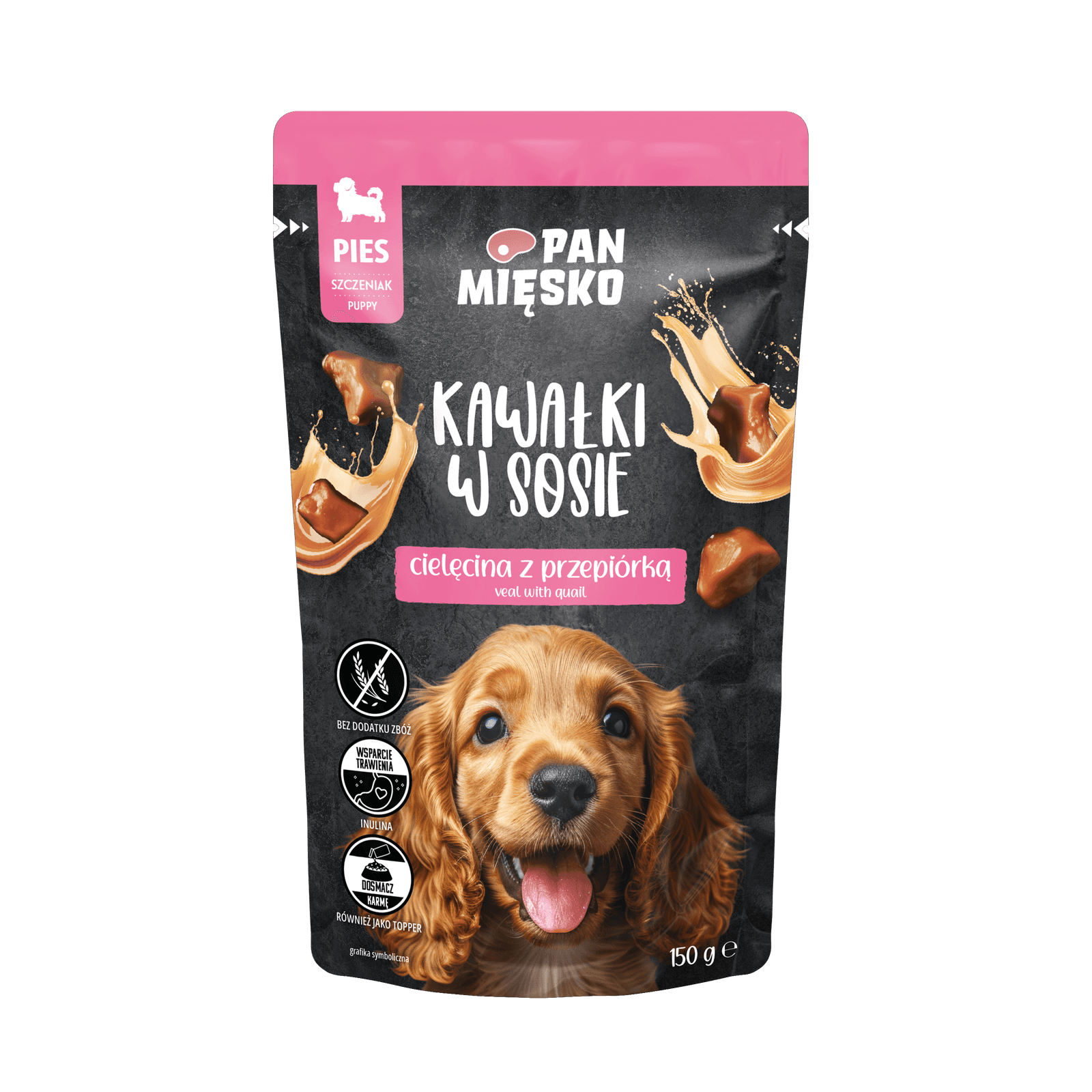 Pan Mięsko Karma mokra dla szczeniąt Kawałki w sosie Cielęcina z przepiórką 150 g