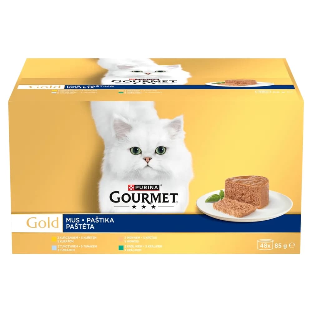 Gourmet Gold Savoury Cake karma mokra z kurczakiem, wołowiną, jagnięciną i indykiem dla dorosłych kotów 48 × 85 g