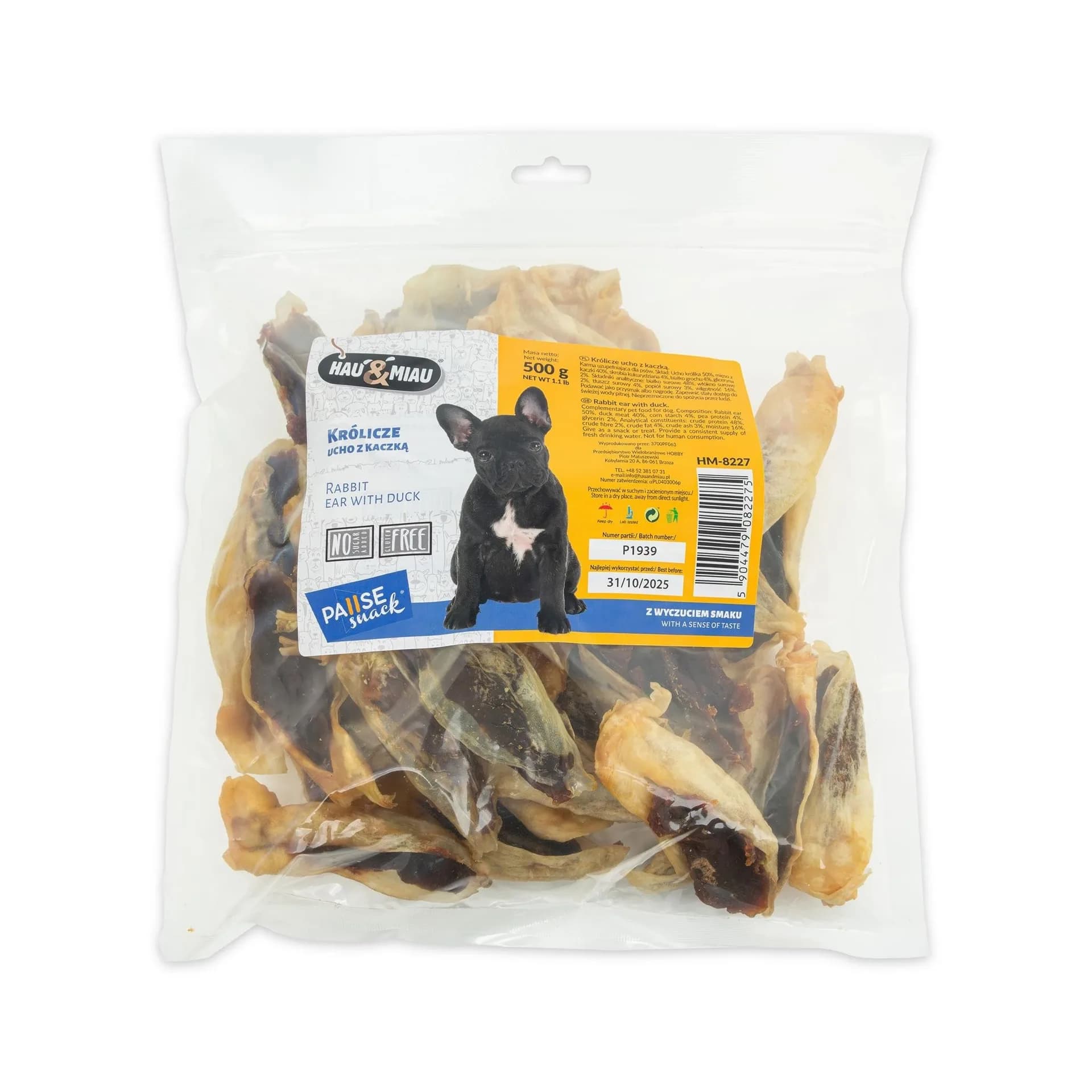 Hau&Miau Pausesnack przysmak dla psa, królicze ucho z kaczką 500 g