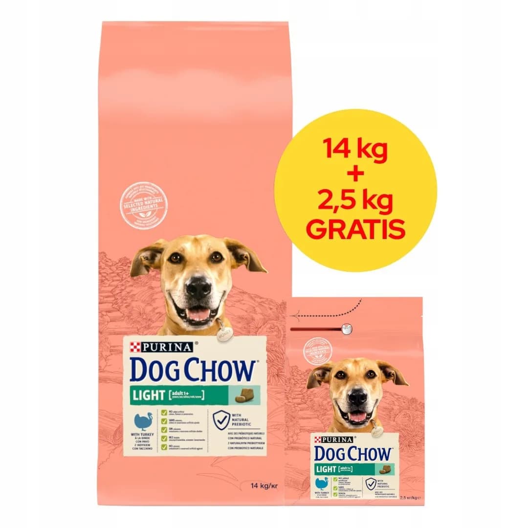 Dog Chow Purina Light Adult karma sucha z indykiem dla dorosłych psów ze skłonnością do nadwagi 14 kg + 2,5 kg