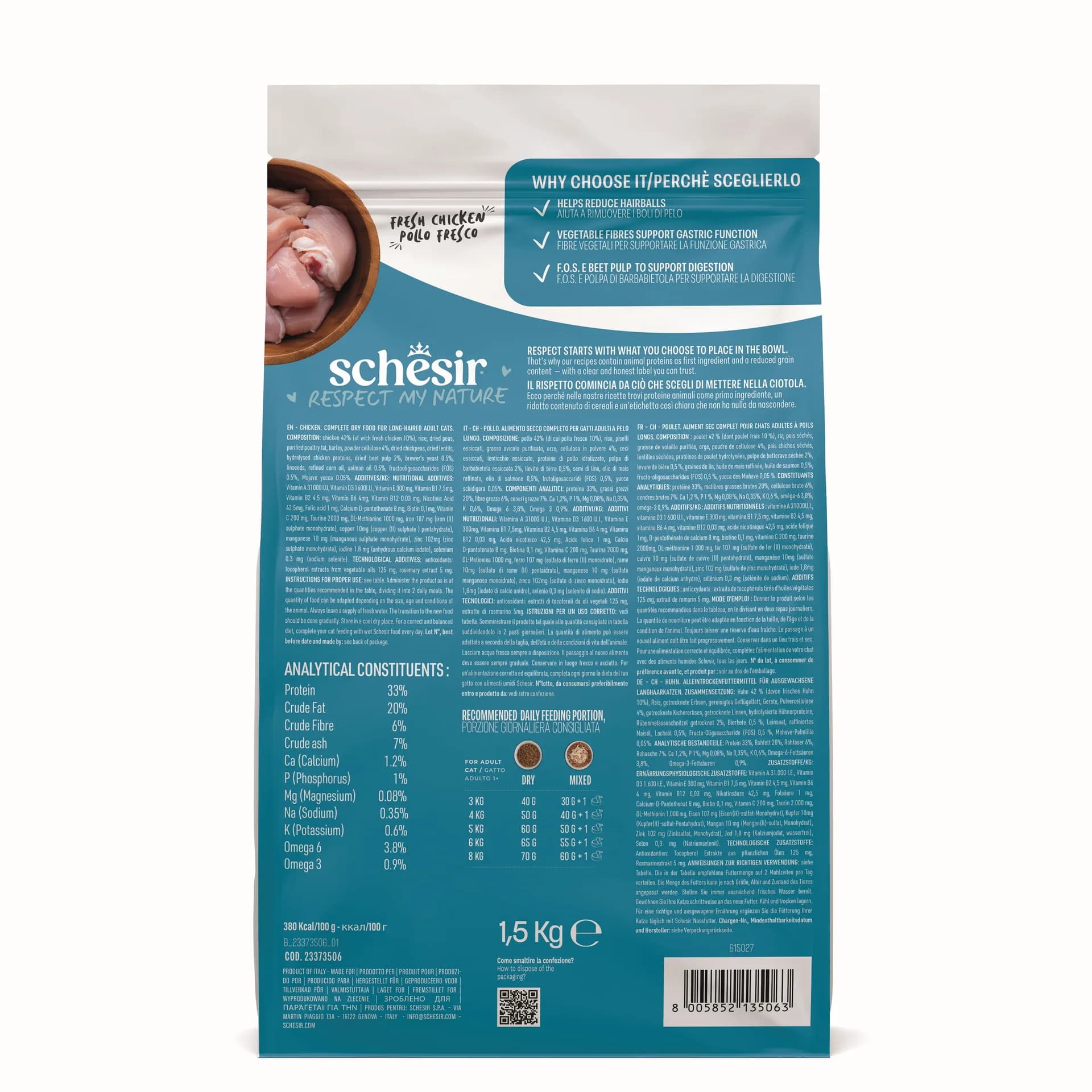 Schesir Animal Monoprotein Formula Hairball karma sucha dla kota kurczak worek dla ras długowłosych przeciw kulom włosowym – 15 kg