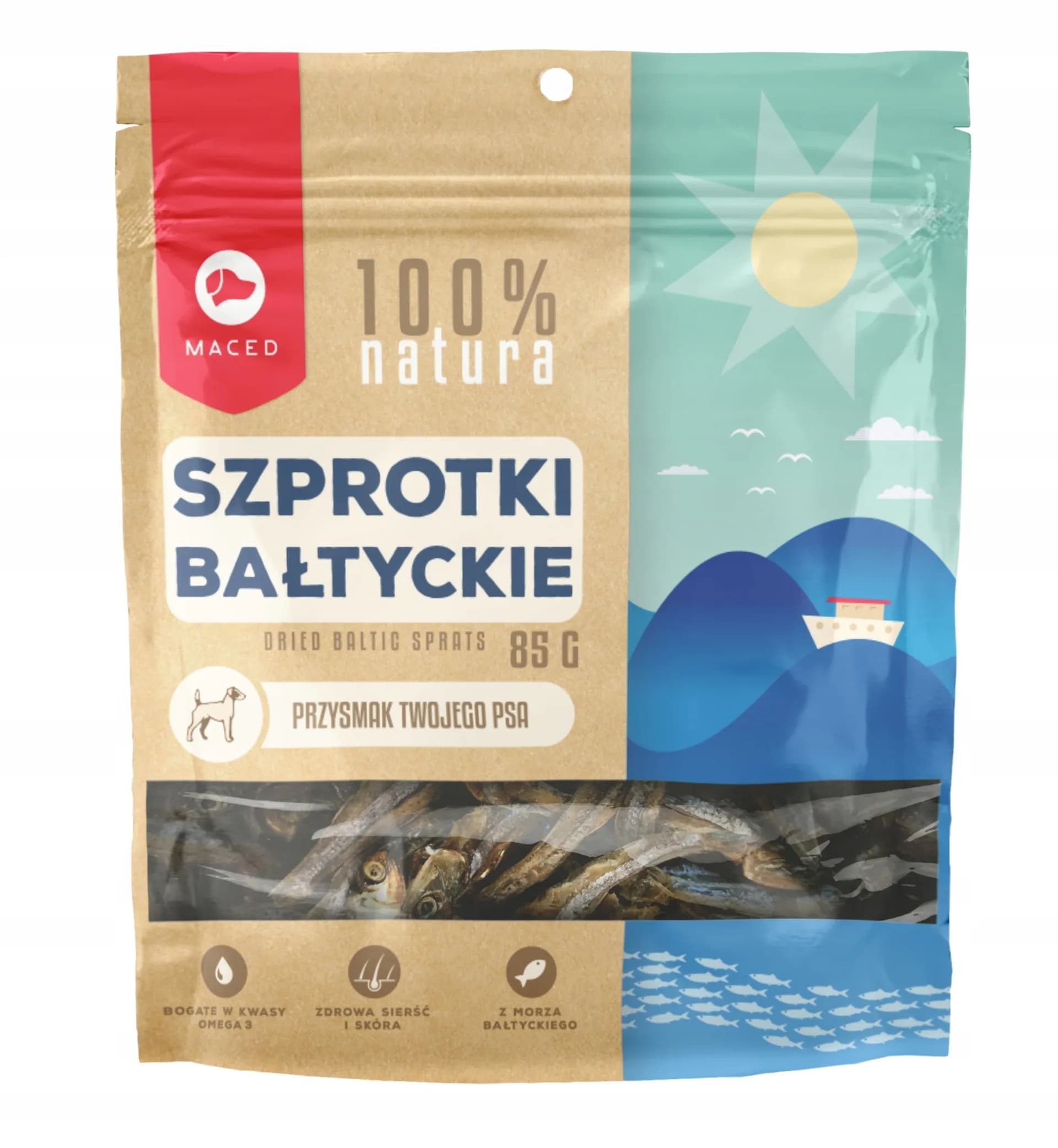 Maced naturalne przysmak dla psów Szprotka Bałtycka smakołyki Smaczki 85 g