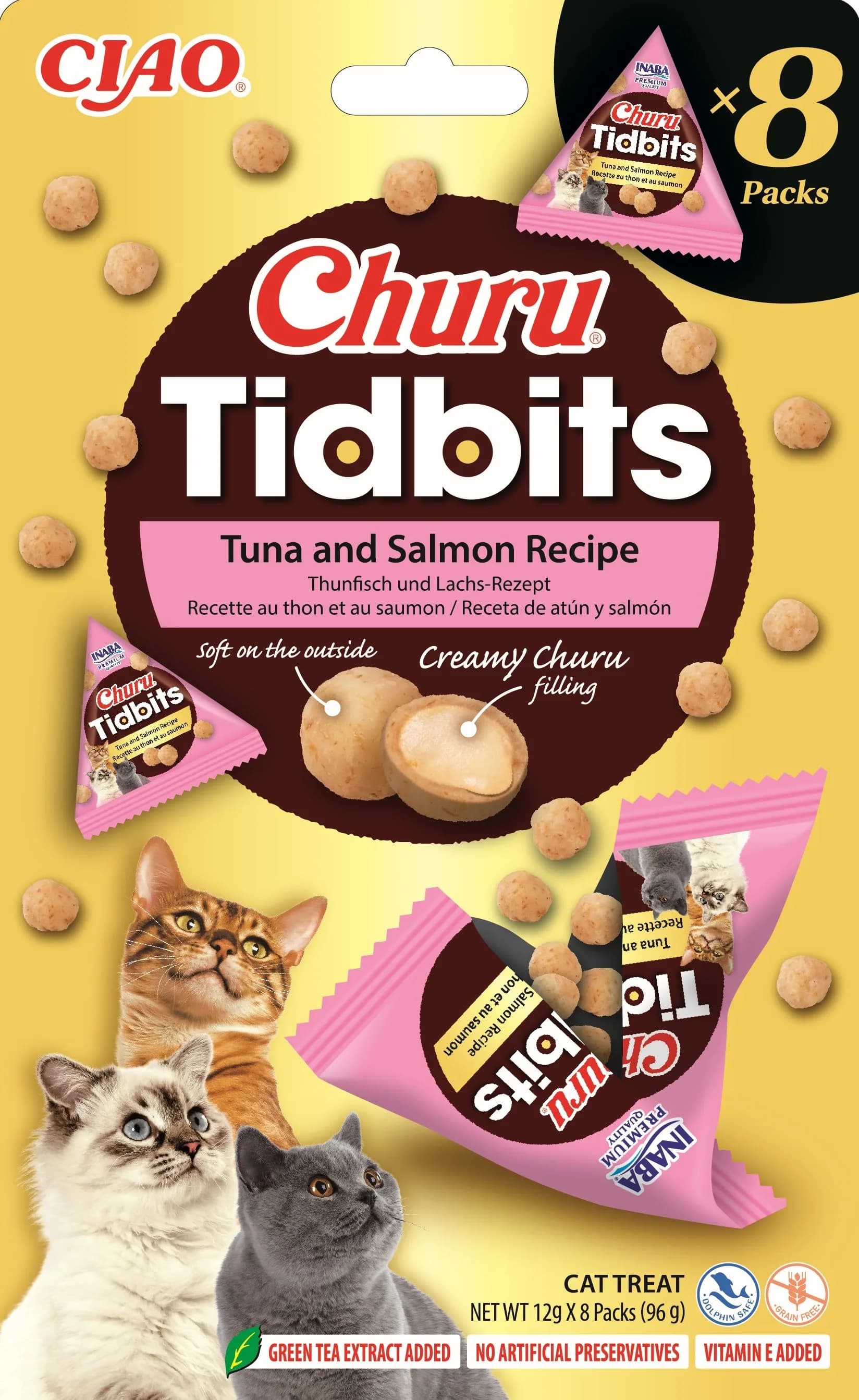 INABA Churu Tidbits 8P Uzupełniająca karma dla kotów formuła z tuńczykiem i łososiem 8 × 12 g