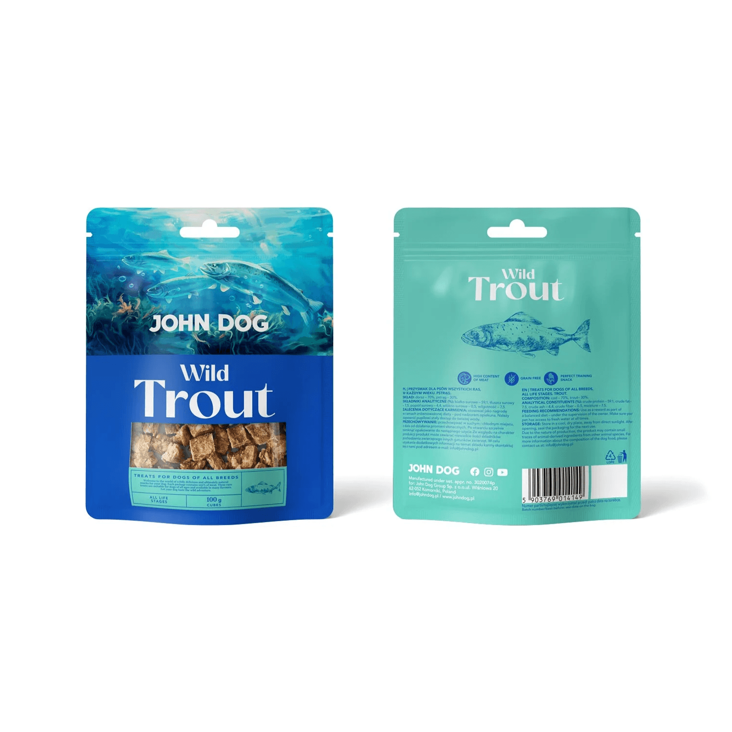 John Dog Wild Fish Cubes Trout przysmak z łososiem dla szczeniaka 100 g