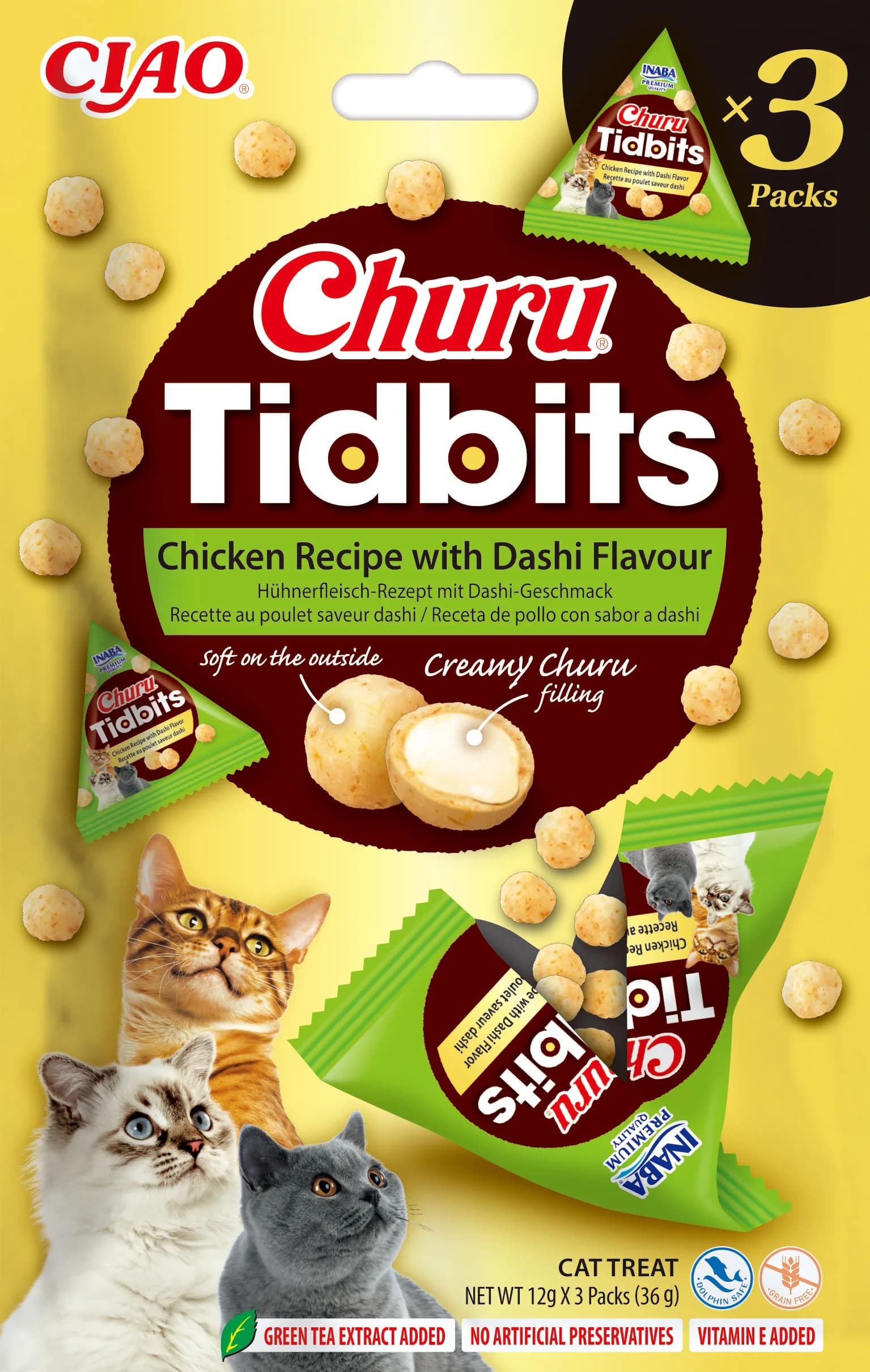 INABA Churu Tidbits 3P Uzupełniająca karma dla kotów formuła z kurczakiem o smaku bulionu dashi 3 × 12 g