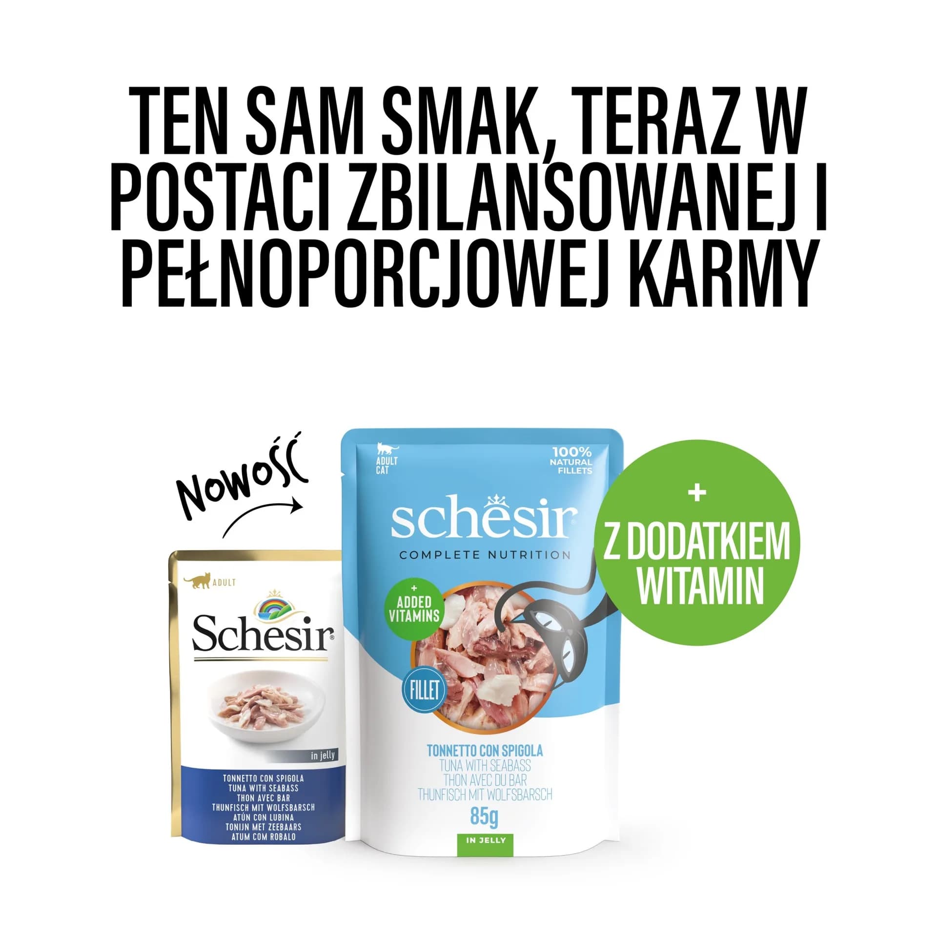 Schesir karma mokra dla dorosłych kotów tuńczyk z okoniem morski w galarecie 85 g