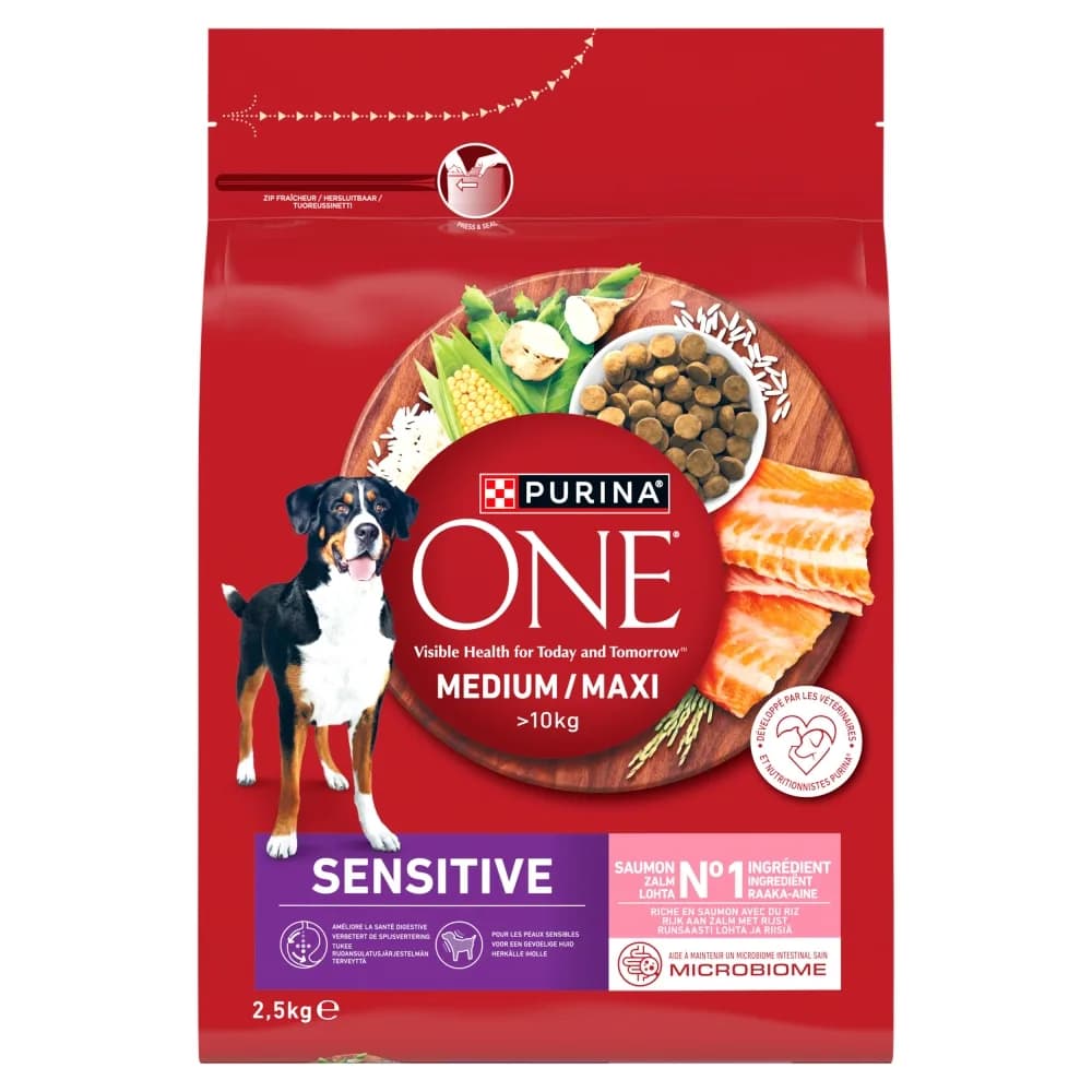 Purina ONE Sensitive Medium/Maxi Karma dla dorosłych psów bogata w łososia z ryżem 2,5 kg