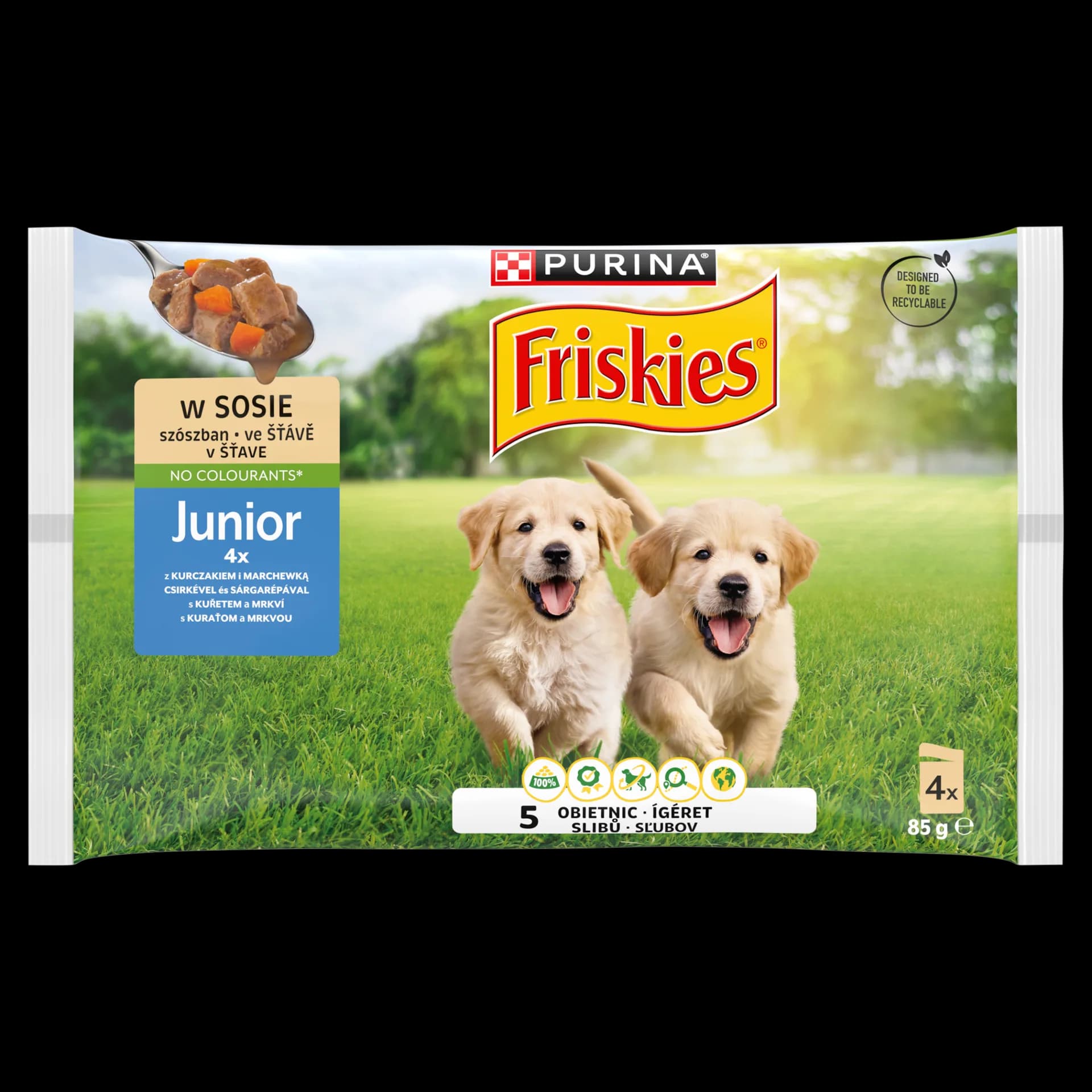 Friskies Junior karma mokra z kurczakiem i marchewką w sosie dla szczeniąt 4 x 85 g