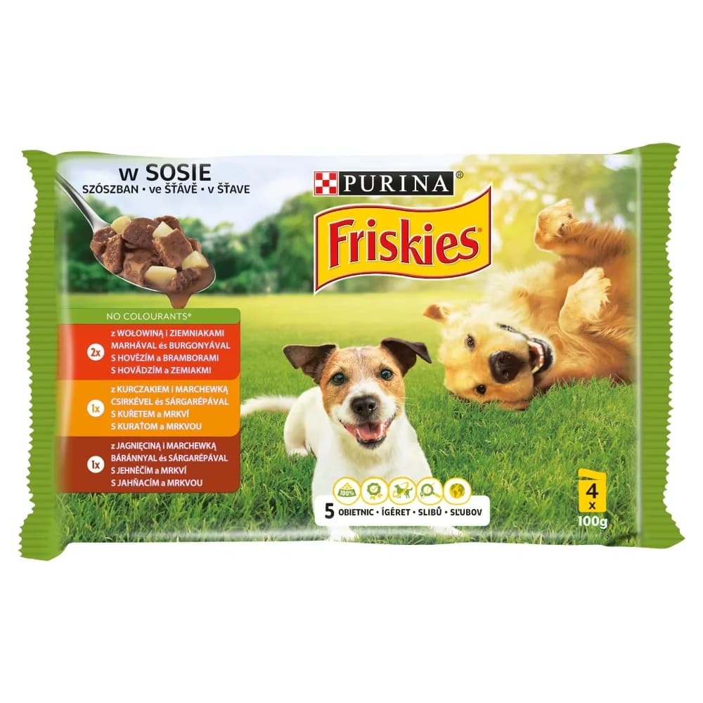 Friskies Karma mokra z wołowiną, kurczakiem i jagnięciną w sosie dla dorosłych psów 4 x 85 g