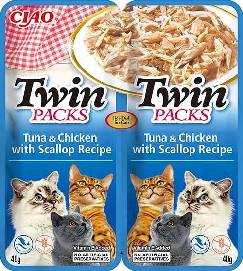 INABA Twin Packs karma mokra z tuńczykiem, kurczakiem i przegrzebkami dla dorosłych kotów 2 × 40 g