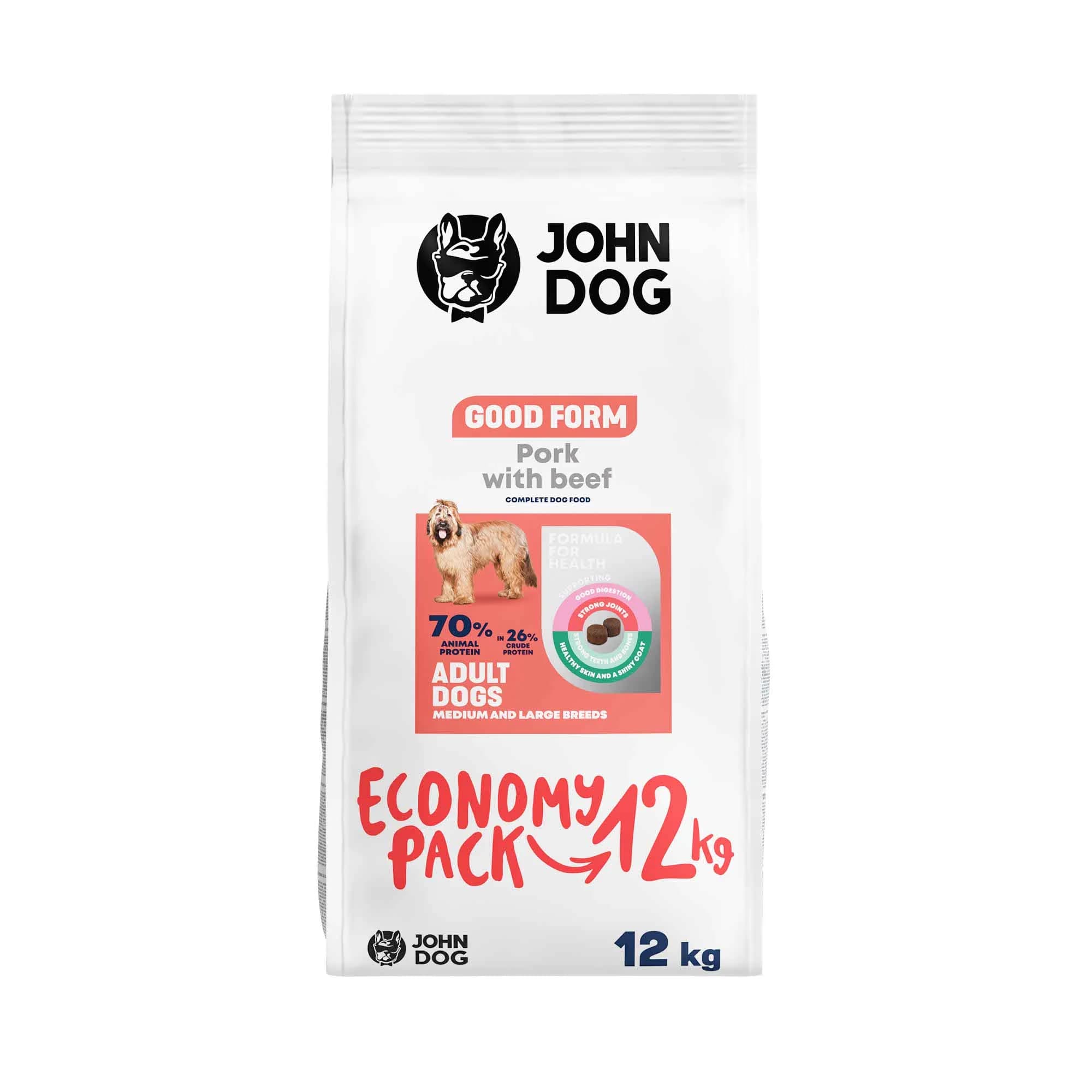 John Dog Good Form Adult Pork with Beef karma sucha z wieprzowiną, wołowiną i ryżem dla dorosłych psów średnich i dużych ras