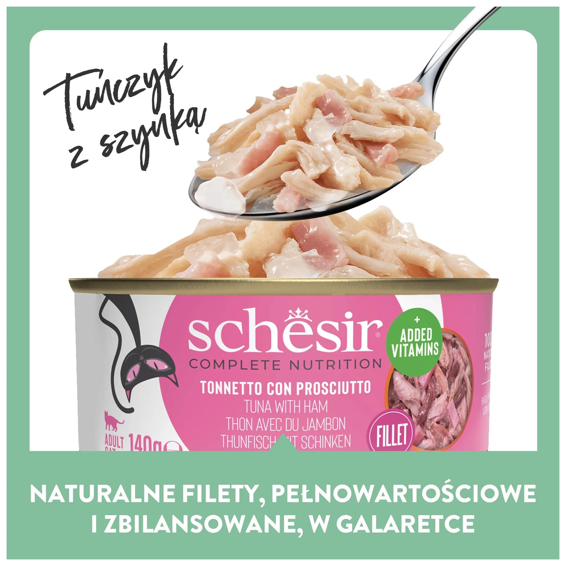 Schesir karma mokra dla kotów tuńczyk z szynką w galarecie puszka 140 g