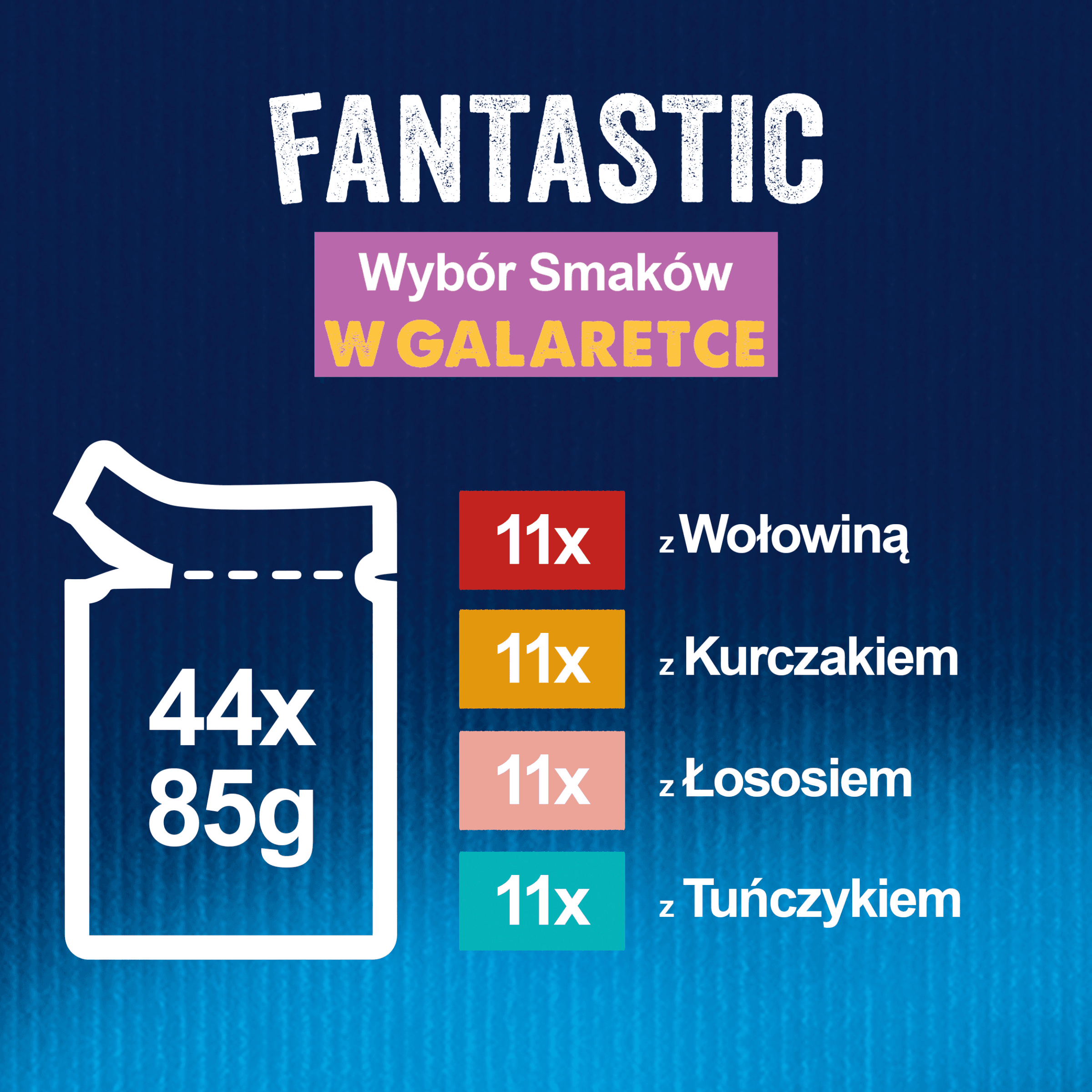Felix Fantastic Wybór Smaków karma mokra z kurczakiem wołowiną łososiem i tuńczykiem w galaretce dla dorosłych kotów 44 × 85 g