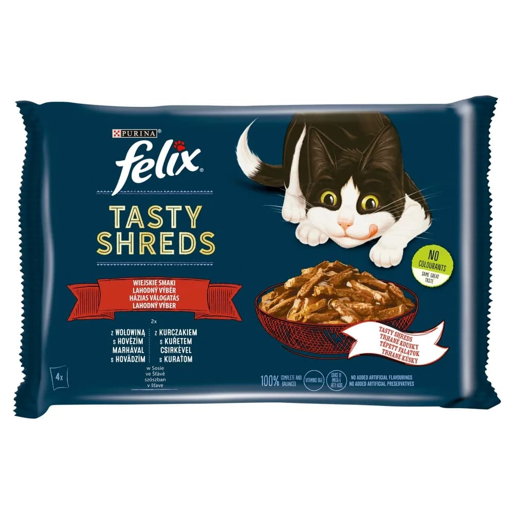 Felix Tasty Shreds Karma dla dorosłych kotów wiejskie smaki w sosie 320 g 4 × 80 g