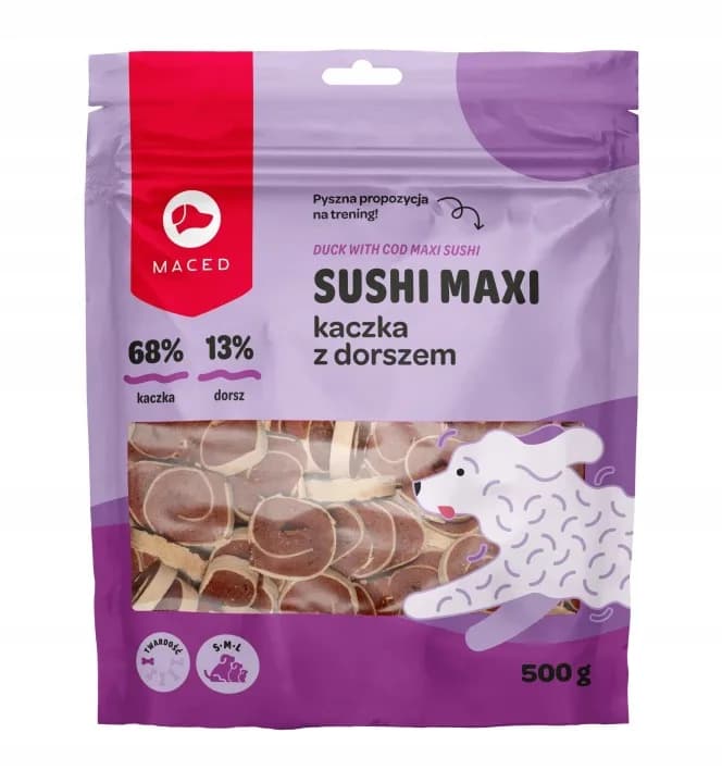 Maced Przysmaki dla psów Sushi Maxi Kaczka z Dorszem Smakołyki Smaczki 500 g
