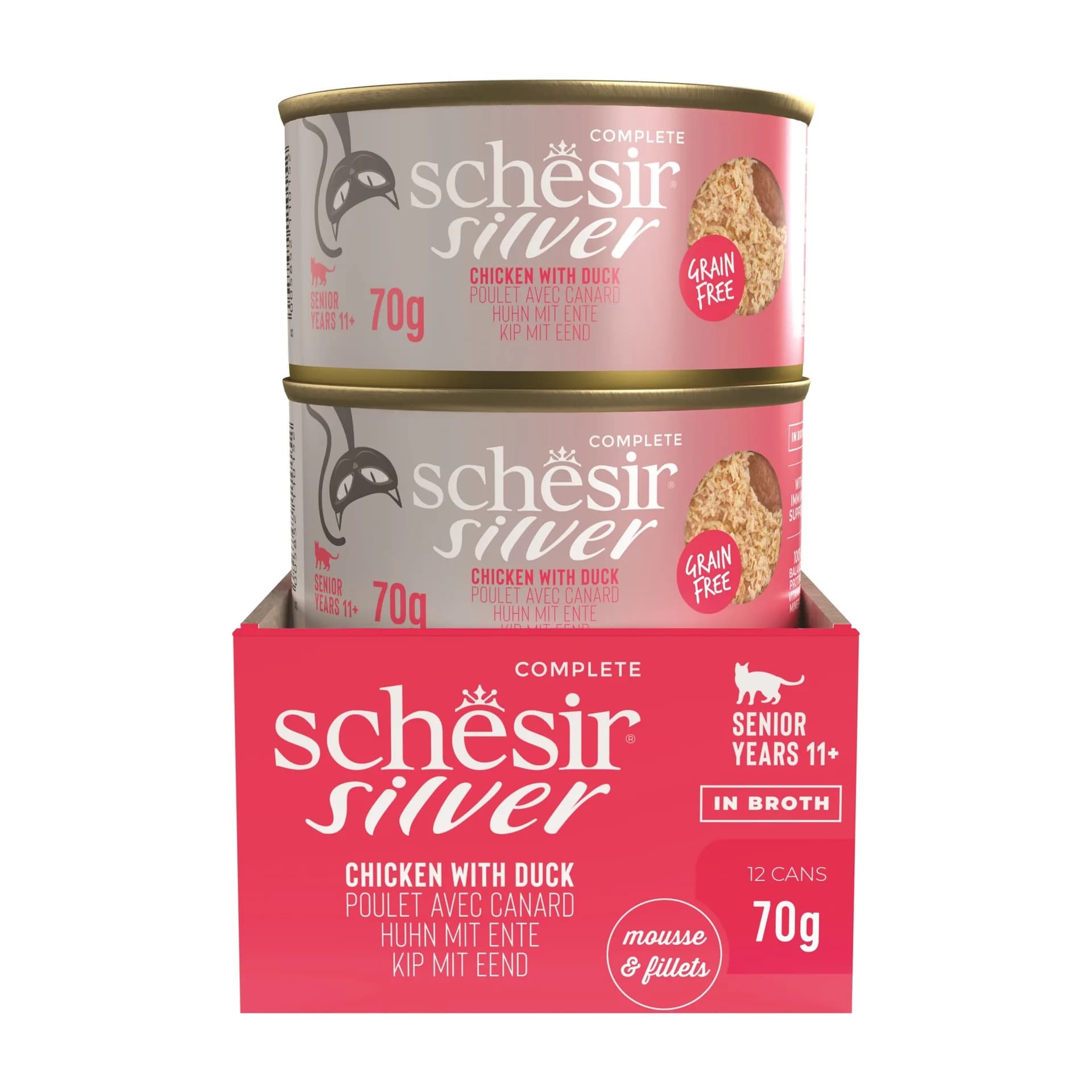 Schesir Silver karma mokra dla starszych kotów mus z rozdrobnionym kurczakiem i kaczką 70 g
