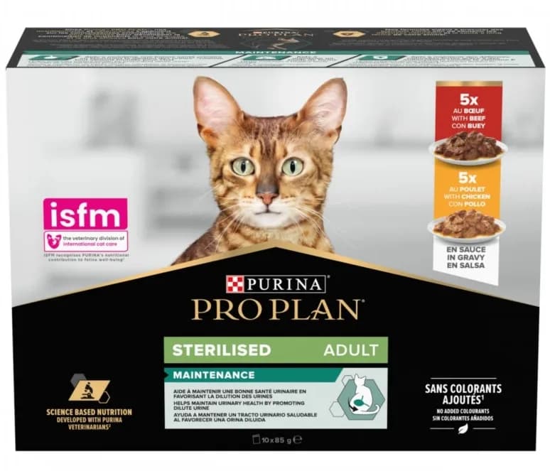 PRO PLAN Purina Sterilised Adult Maintenance karma mokra z wołowiną i kurczakiem w sosie dla dorosłych kotów sterylizowanych 10 × 85 g