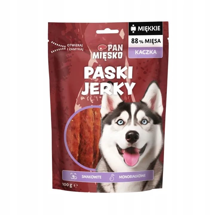 Pan Mięsko Naturalny Przysmak dla psa Miękkie Paski Jerky z Kaczką 100g