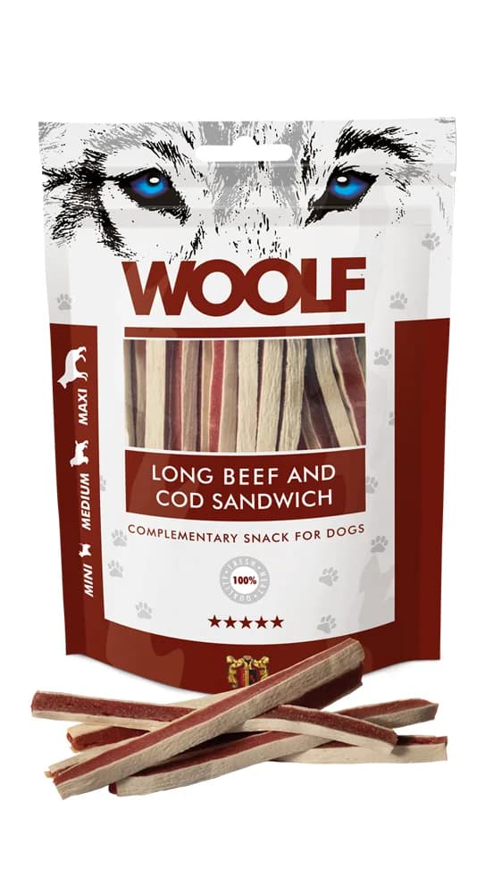 Woolf Long Beef Cod Sandwich przysmak dla psa paski Wołowina z Dorszem 100 g