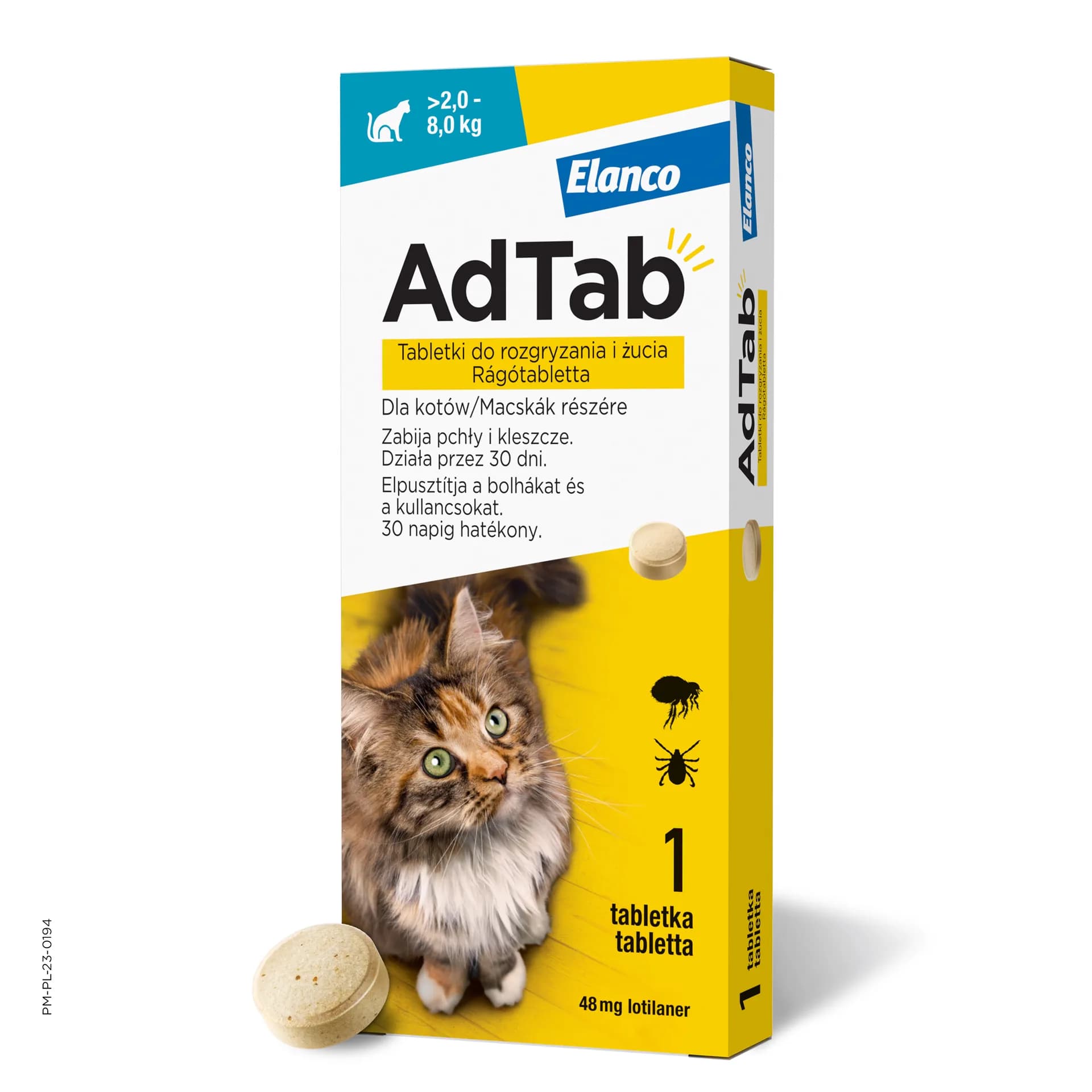 Elanco AdTab tabletki do rozgryzania i żucia dla kotów – dla kotów 2-8 kg, 48 mg