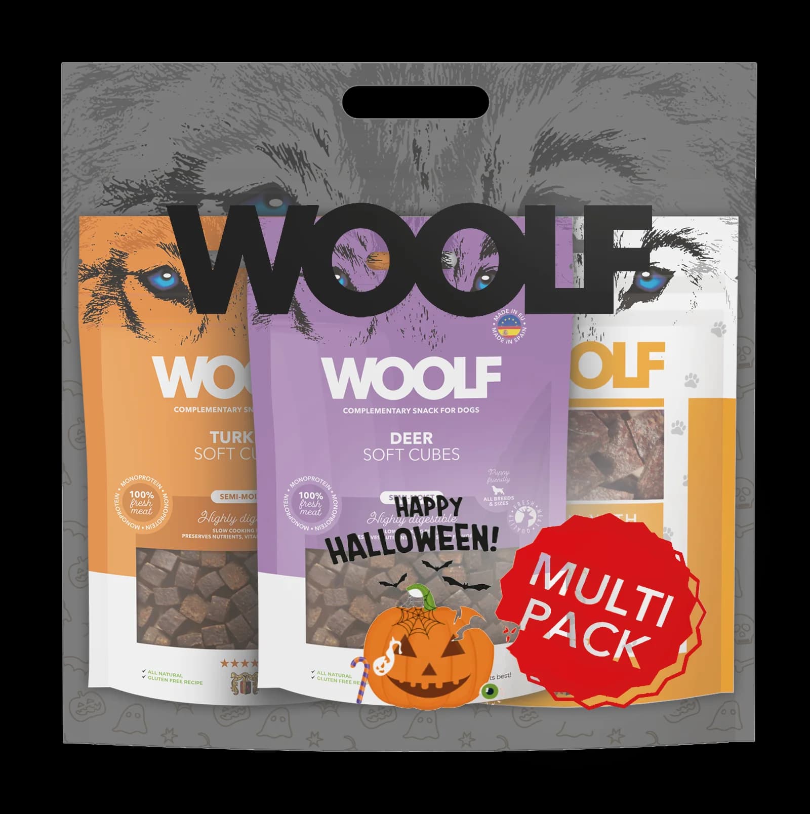 Woolf Halloweenowy Multipack przerażająco smaczne przekąski dla psa 3 x 100 g