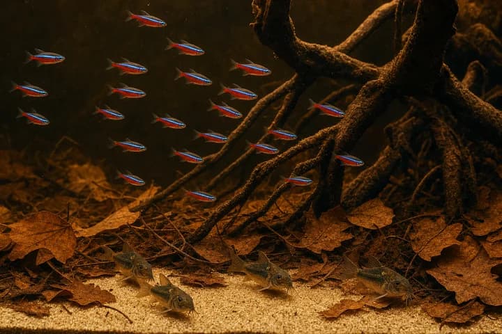 Akwarium biotopowe Amazonii: czarna woda, liście i korzenie