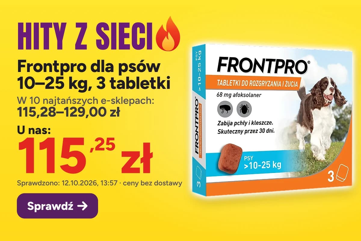 Frontpro dla psów 10–25 kg, 3 tabletki — u nas 115,25 zł, w 10 najtańszych e-sklepach 115,28–129,00 zł (sprawdzono 12.10.2026, 13:57, ceny bez dostawy)