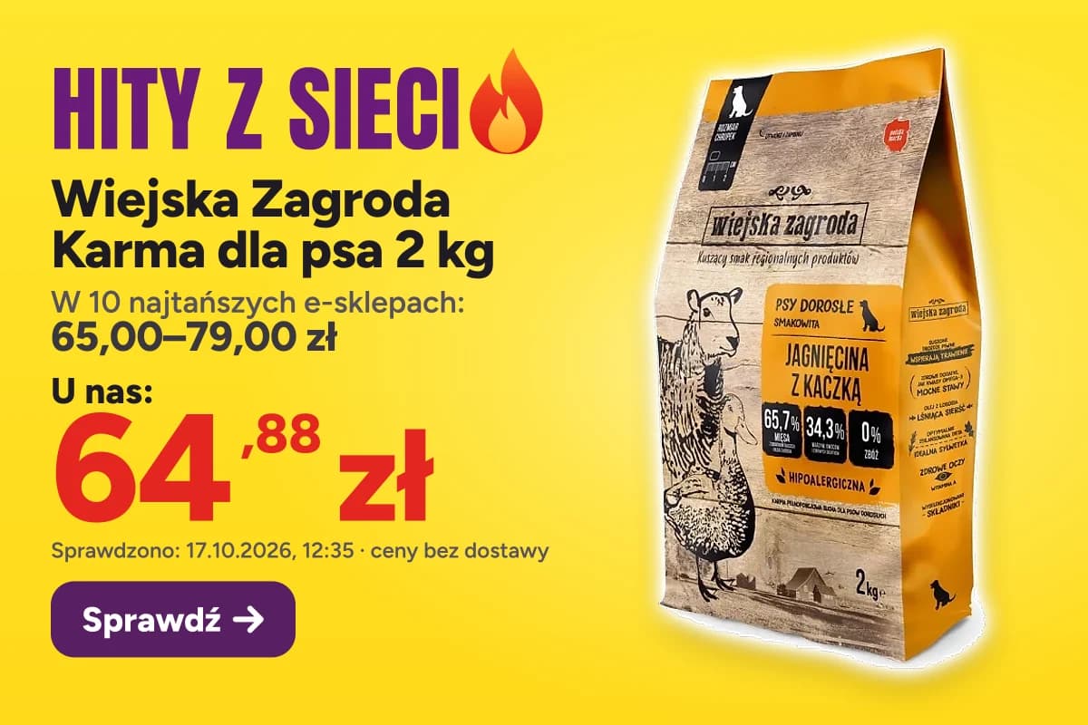 Wiejska Zagroda Karma dla psa 2 kg — u nas 64,88 zł, w 10 najtańszych e-sklepach 65,00–79,00 zł (sprawdzono 17.10.2026, 12:35, ceny bez dostawy)