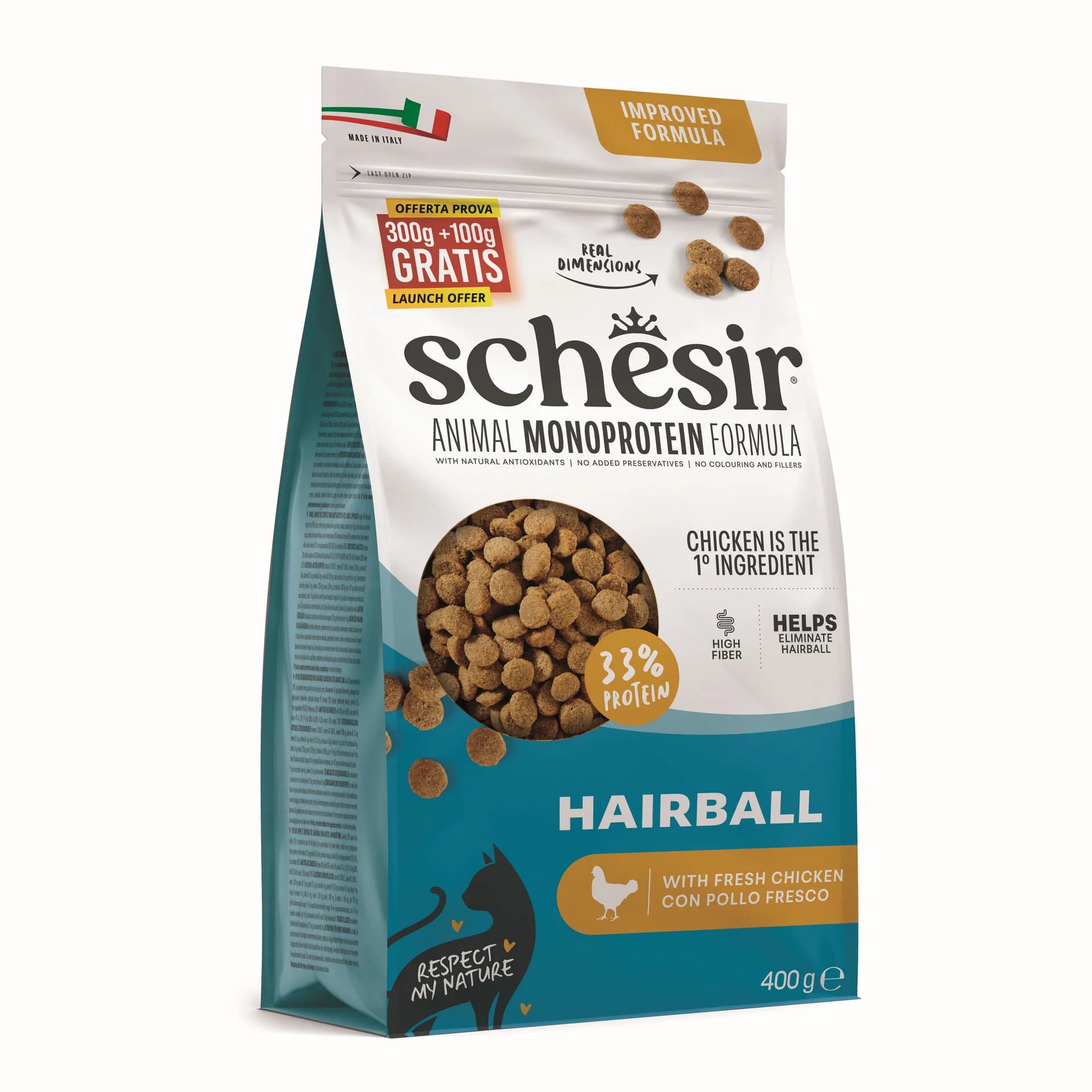 Schesir Animal Monoprotein Formula Hairball karma sucha dla kota kurczak worek dla ras długowłosych przeciw kulom włosowym