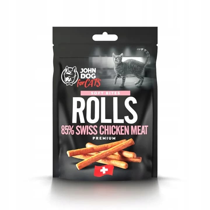 John Dog for Cats smakołyki Soft Bites przysmak dla kotów Rurki z kurczaka szwajcarskiego 85% / Rolls 85% Chicken 50 g