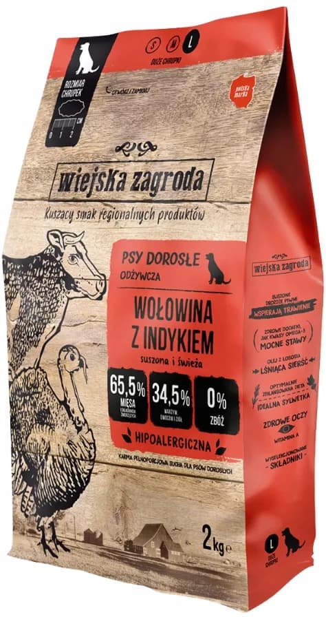 Wiejska Zagroda Karma sucha dla psa Wołowina z indykiem dla dorosłych psów L