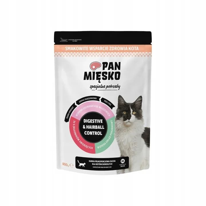 Pan Mięsko Digestive&Hairball Control sucha karma dla kota indyk 800 g