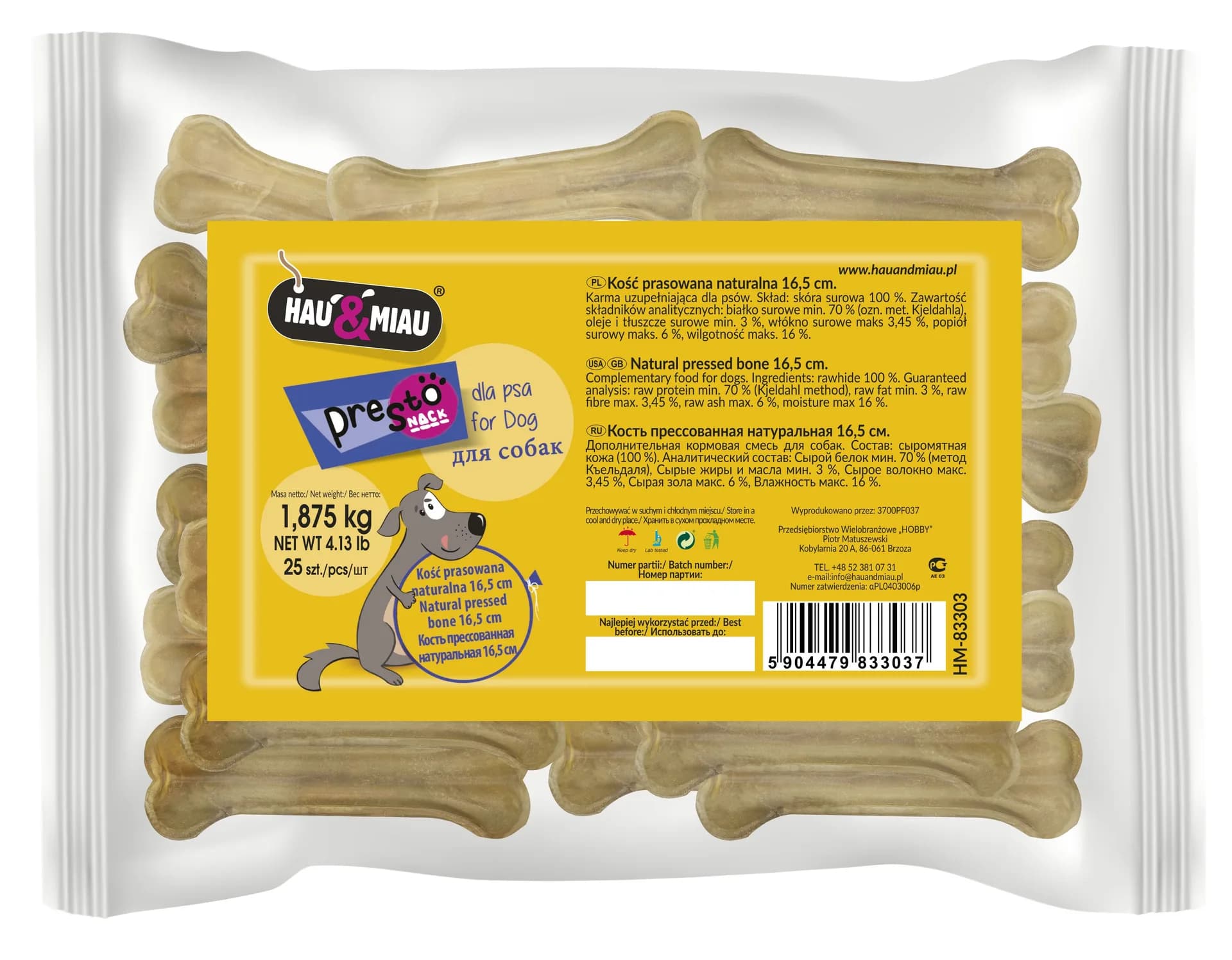 Hau&Miau Kość prasowana naturalna dla psa – 5 cm / 5 cm