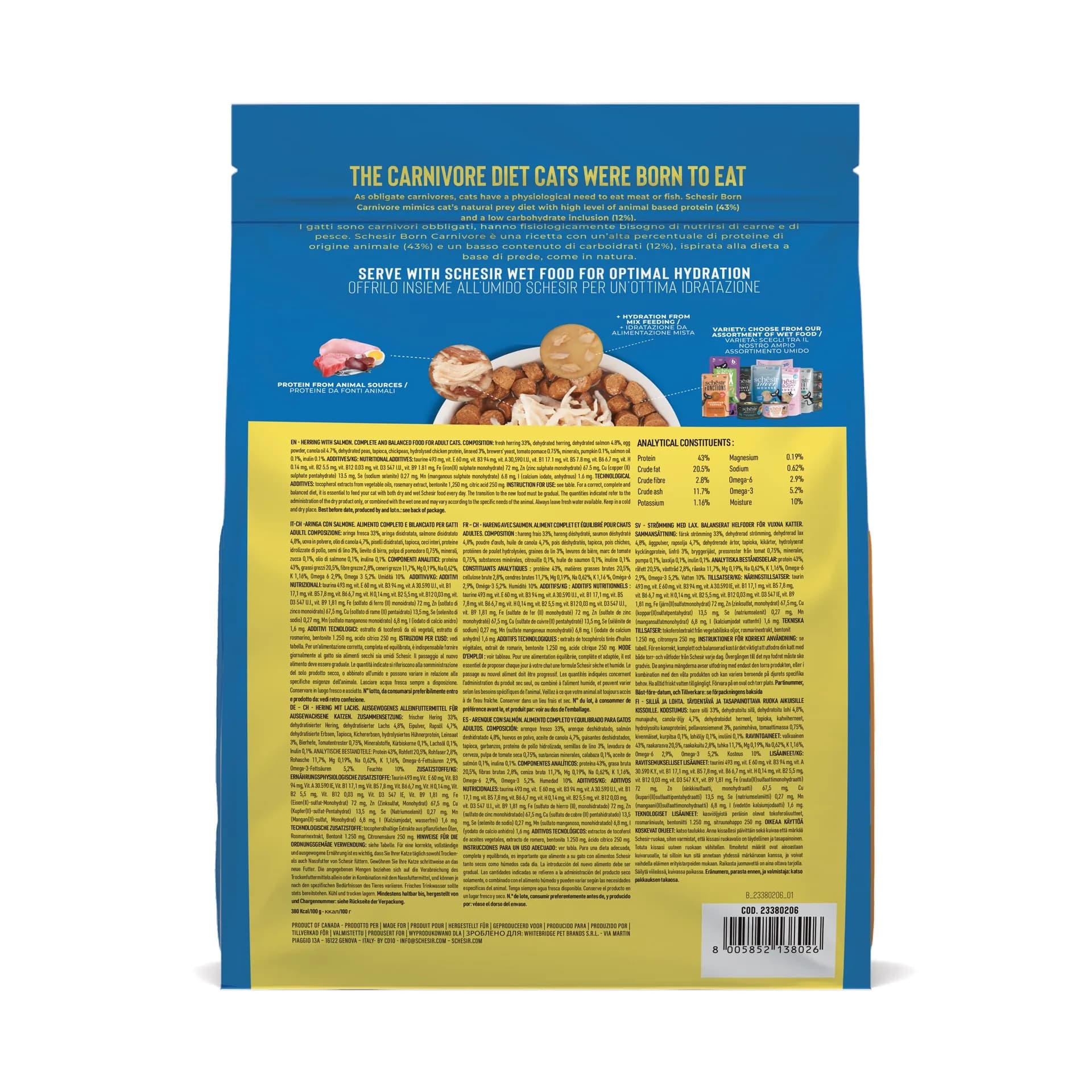 Schesir Born Carnivore karma sucha dla kotów dorosłych śledź i łosoś – 255 g