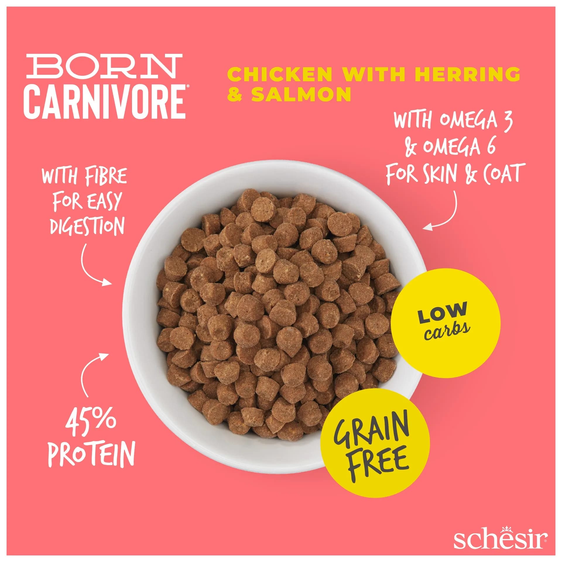Schesir Born Carnivore karma sucha dla kotów o smaku kurczak i śledź – 255 g