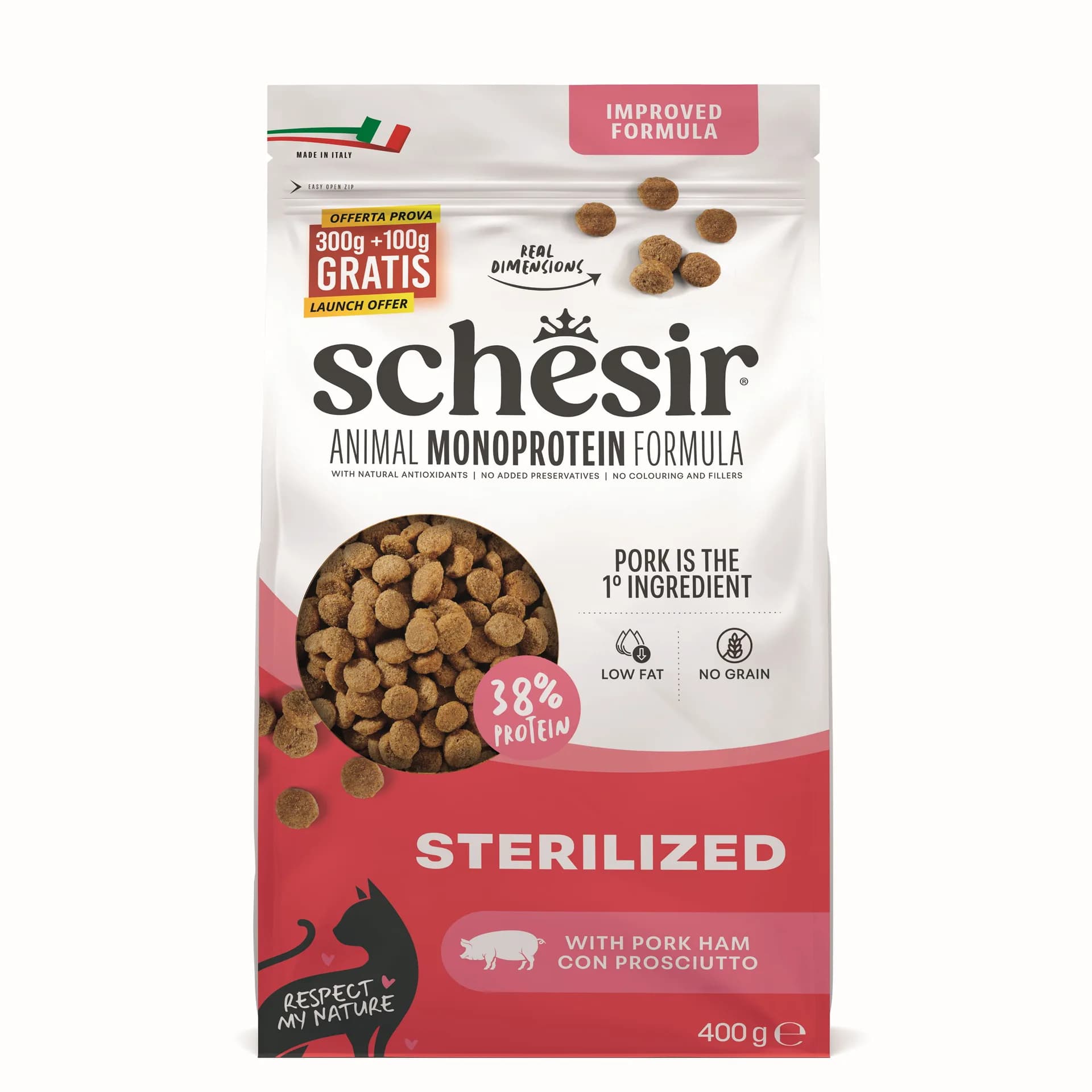 Schesir Animal Monoprotein Formula Sterilized karma sucha dla kota po sterylizacji szynka worek – 400 g