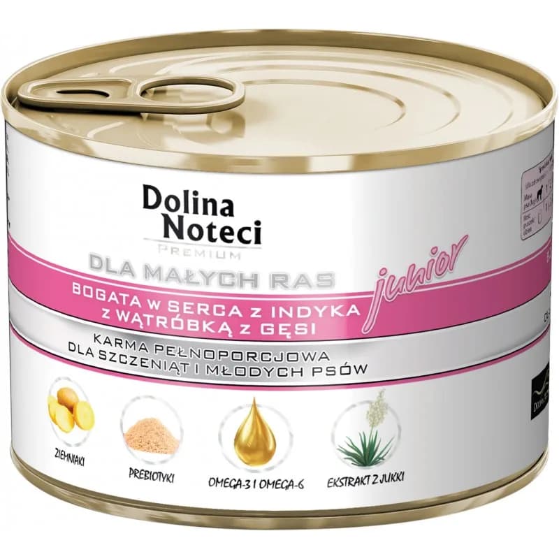 Dolina Noteci Premium junior karma mokra dla szczeniąt i młodych psów bogata w serca z indyka z wątróbką z gęsi 185 g